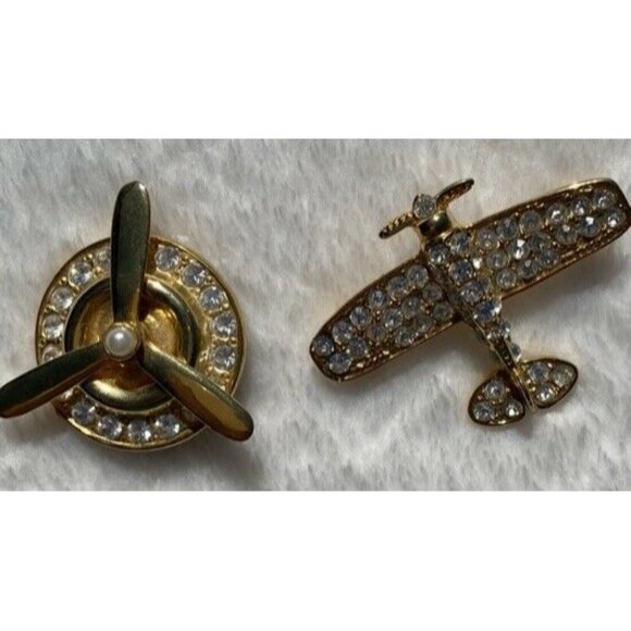 Vintage Gold-Tone & Rhinestone Airplane & Propeller Brooch Set - Picture 1 of 2